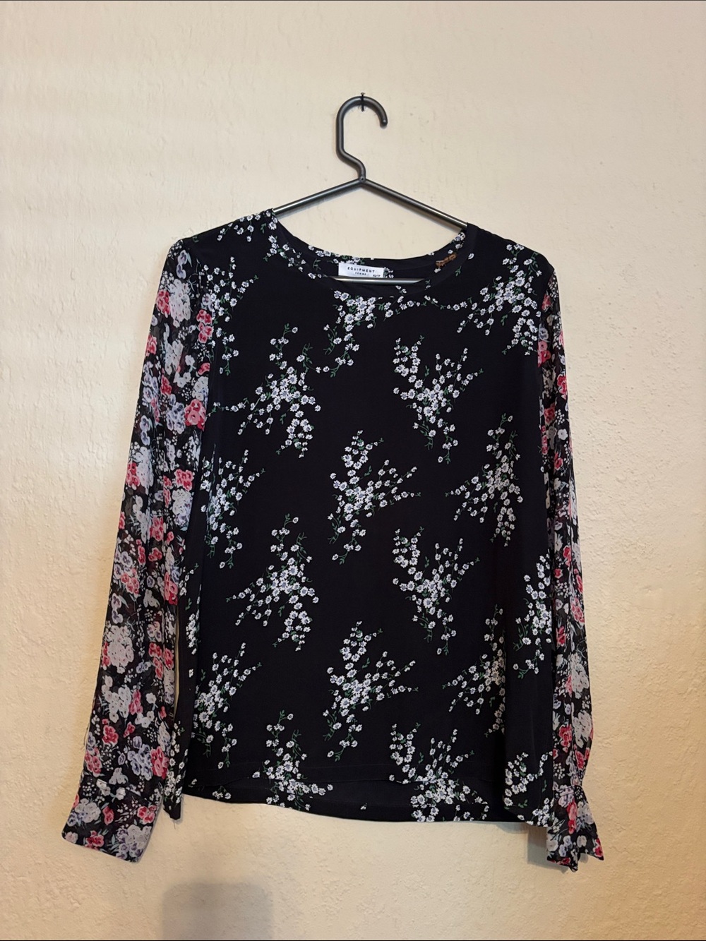Equipment Black Floral Long Sleeve Top with Pink Accents